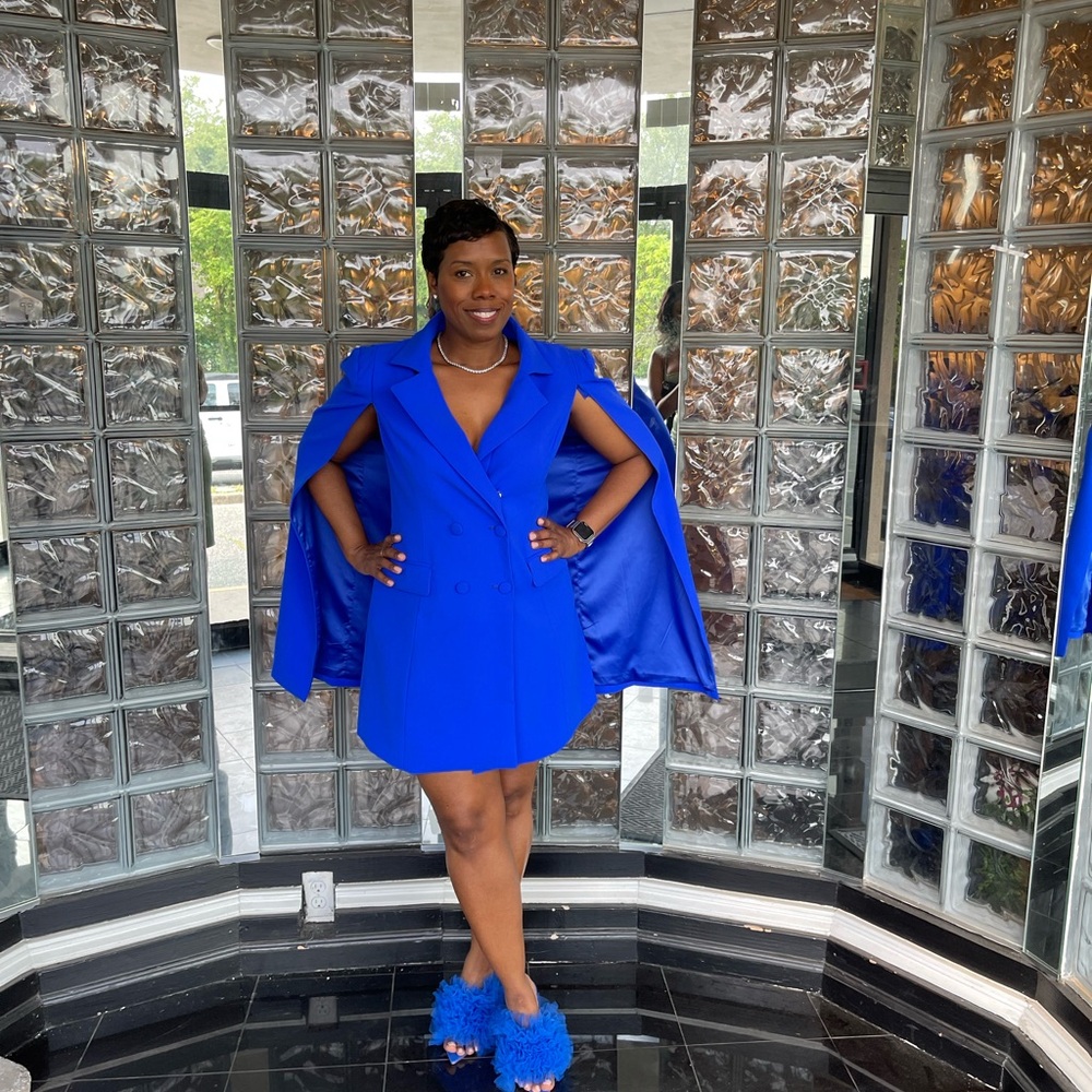 Elegant Akira Blue Blazer Cape Dress - Picture 2 of 5